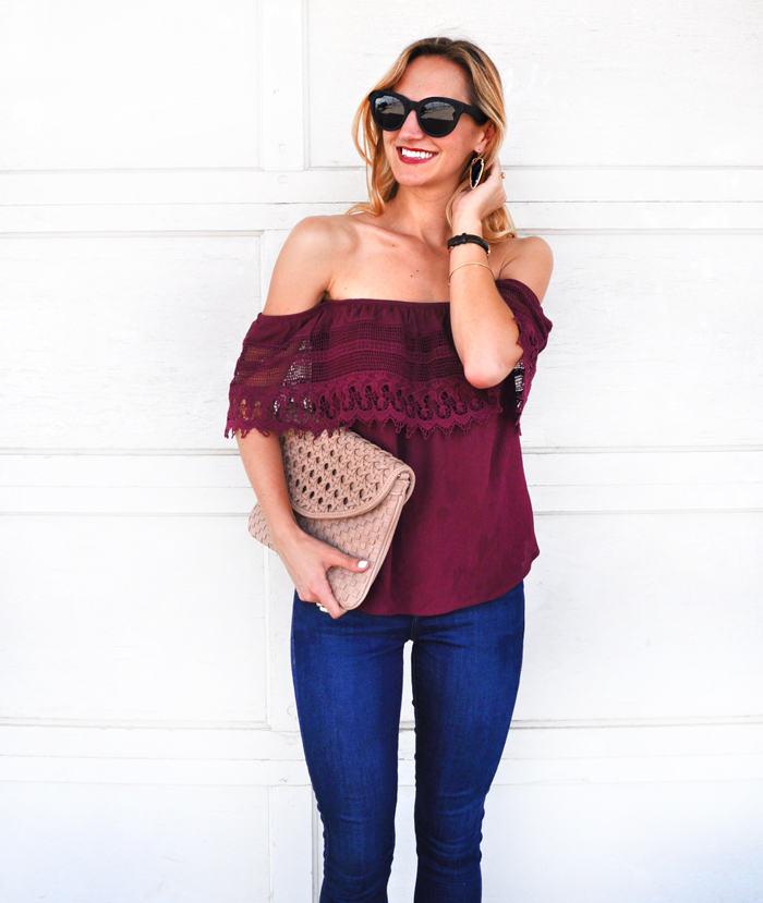 loving wine color for fall / LivvyLand by Olivia Watson livvyland-blog-olivia-watson-austin-texas-fashion-blogger-socialite-lace-off-the-shoulder-top-plum-topshop-leigh-skinny-jeans-4