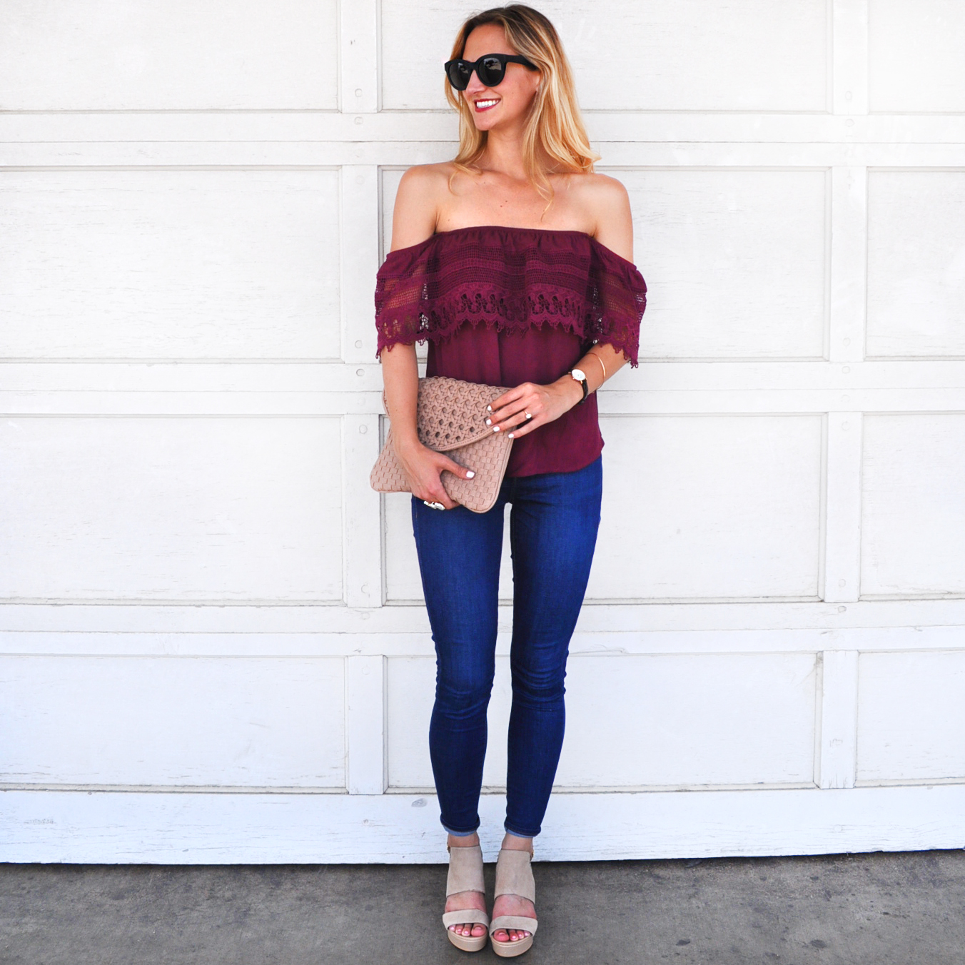 loving wine color for fall / LivvyLand by Olivia Watson livvyland-blog-olivia-watson-austin-texas-fashion-blogger-socialite-lace-off-the-shoulder-top-plum-topshop-leigh-skinny-jeans-6