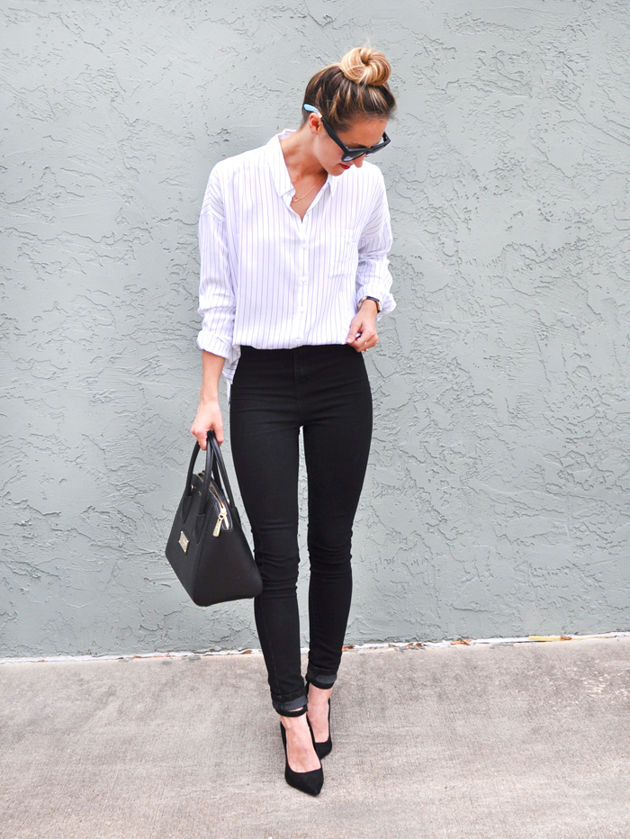 LivvyLand | Work to Play in Skinnies & Stripes! livvyland-blog-olivia-watson-austin-texas-fashion-lifestyle-blogger-austin-texas-leith-button-up-pin-stripe-blouse-top-2