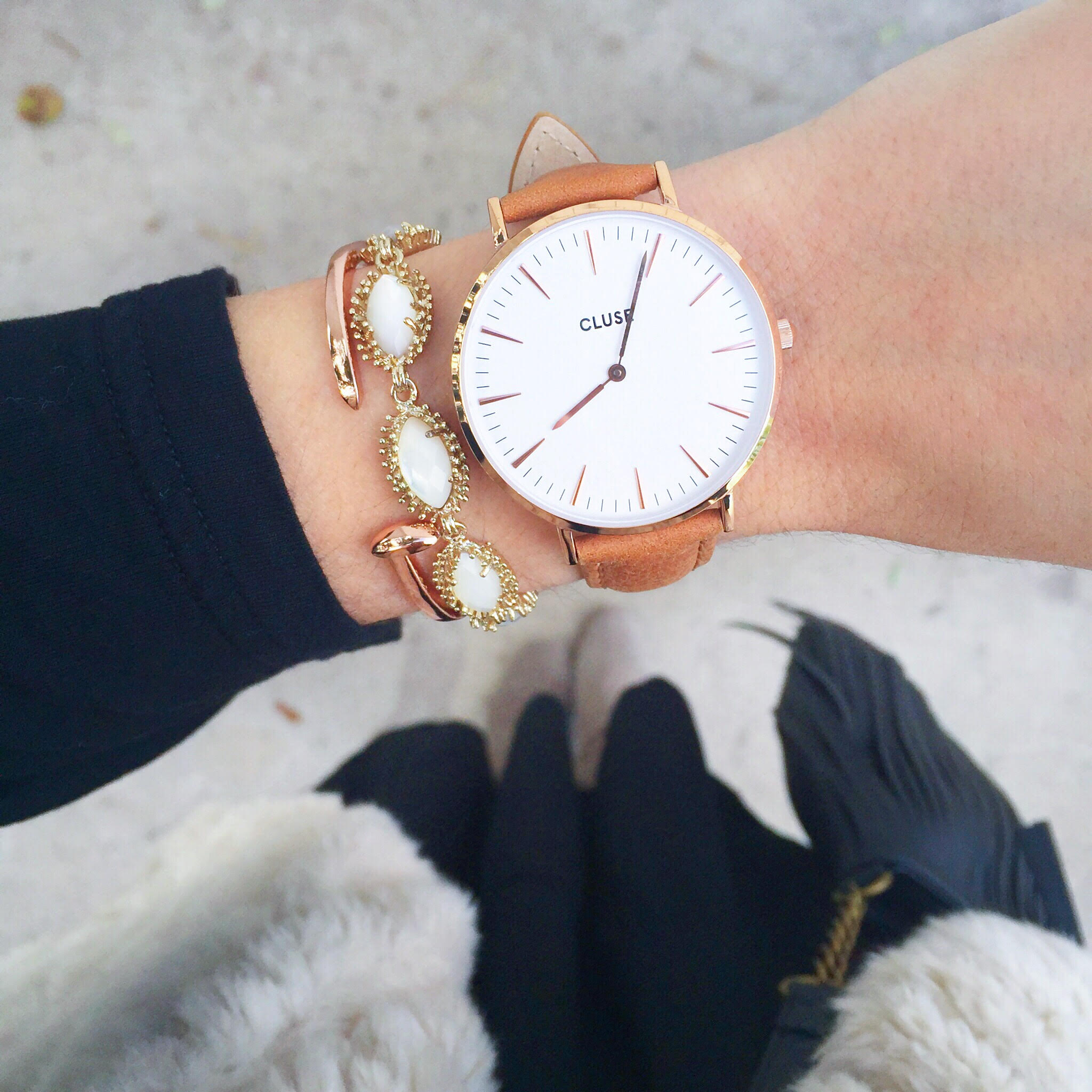 love this wrist stack / LivvyLand livvyland-blog-olivia-watson-austin-texas-fashion-blogger-cluse-watch-rose-gold-bell-sleeve-shift-swing-dress-bb-dakota-keith-vest-seychelles-larimar-over-the-knee-boots-9