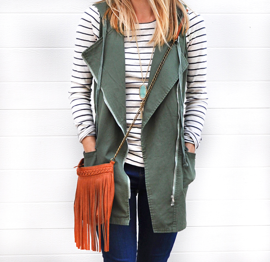 utility vest & striped tee / LivvyLand livvyland-blog-olivia-watson-army-green-utility-vest-fringe-handbag-brown-chelsea-boots-booties-austin-texas-fashion-blogger-5