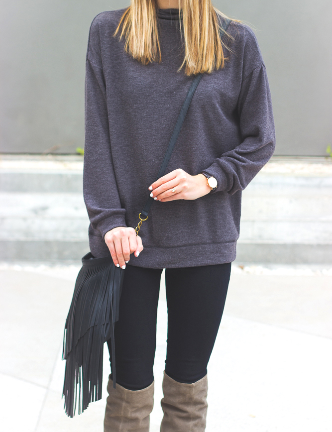 charcoal sweater & fringe handbag / LivvyLand livvyland-blog-olivia-watson-south-congress-hotel-charcoal-grey-sweater-turtle-neck-seychelles-over-the-knee-larimar-boots-austin-texas-fashion-blogger-2