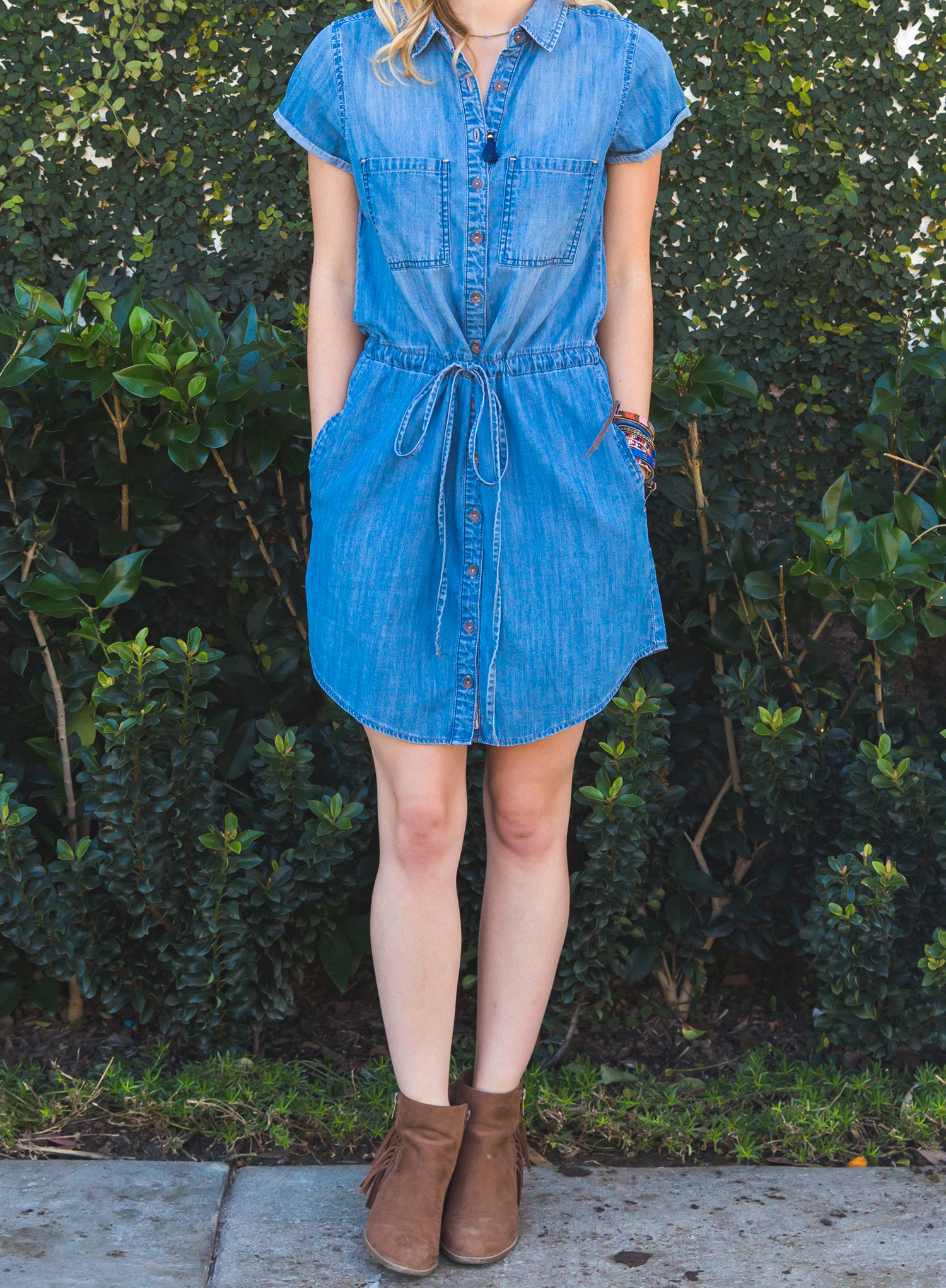 denim dress with booties