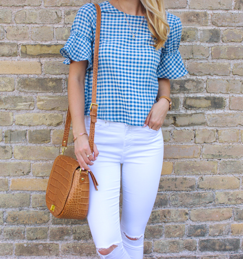 summer outfit / gingham ruffled top / LivvyLand livvyland-blog-olivia-watson-goodnight-macaroon-ruffle-blue-gingham-top-white-topshop-jamie-skinny-jeans-austin-texas-fashion-blogger-3