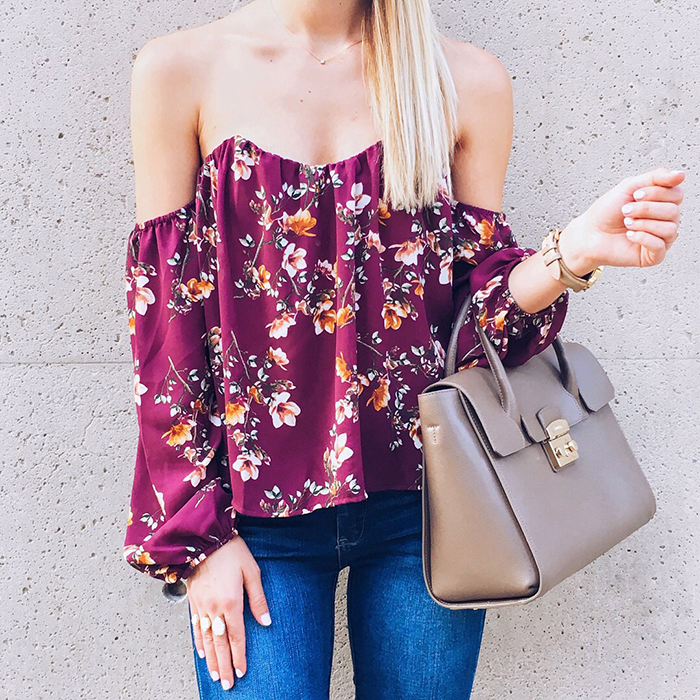 livvyland-blog-olivia-watson-austin-texas-fashion-blogger-4si3nna-floral-bustier-off-shoulder-top-furla-taupe-handbag-kendra-scott-naomi-drusy-double-ring