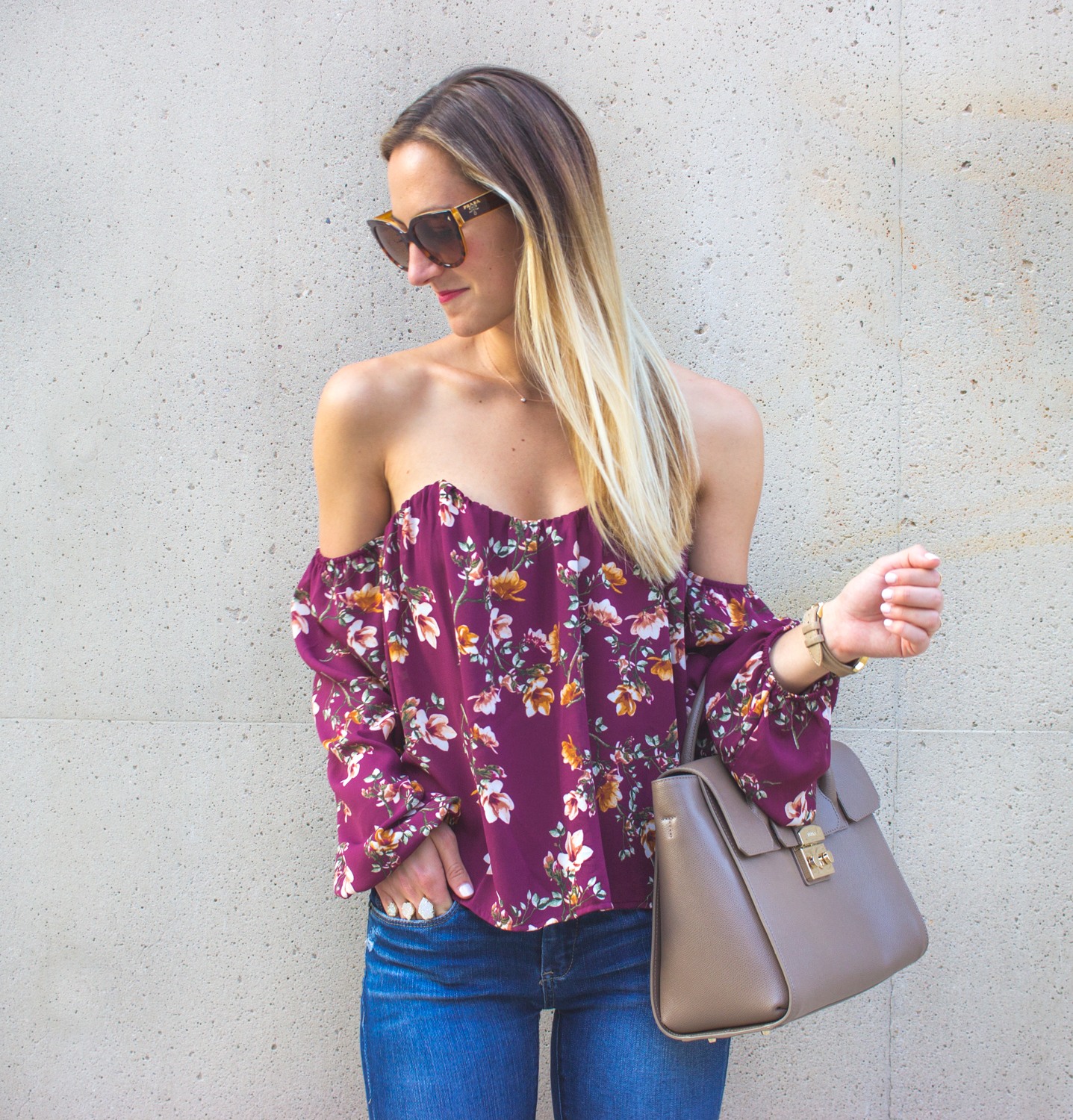 Off Shoulder Floral Bustier Top Skinny Jeans LivvyLand Austin Fashion and Style Blogger