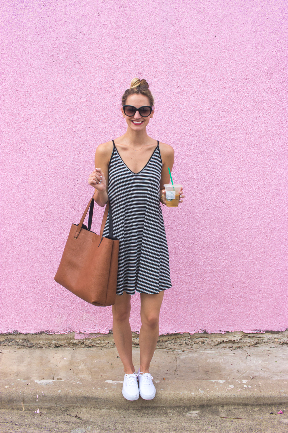 livvyland-blog-olivia-watson-austin-texas-fashion-blogger-pink-wall-coffee-run-summer-lace-up-back-striped-sun-dress-vans-sneakers-1