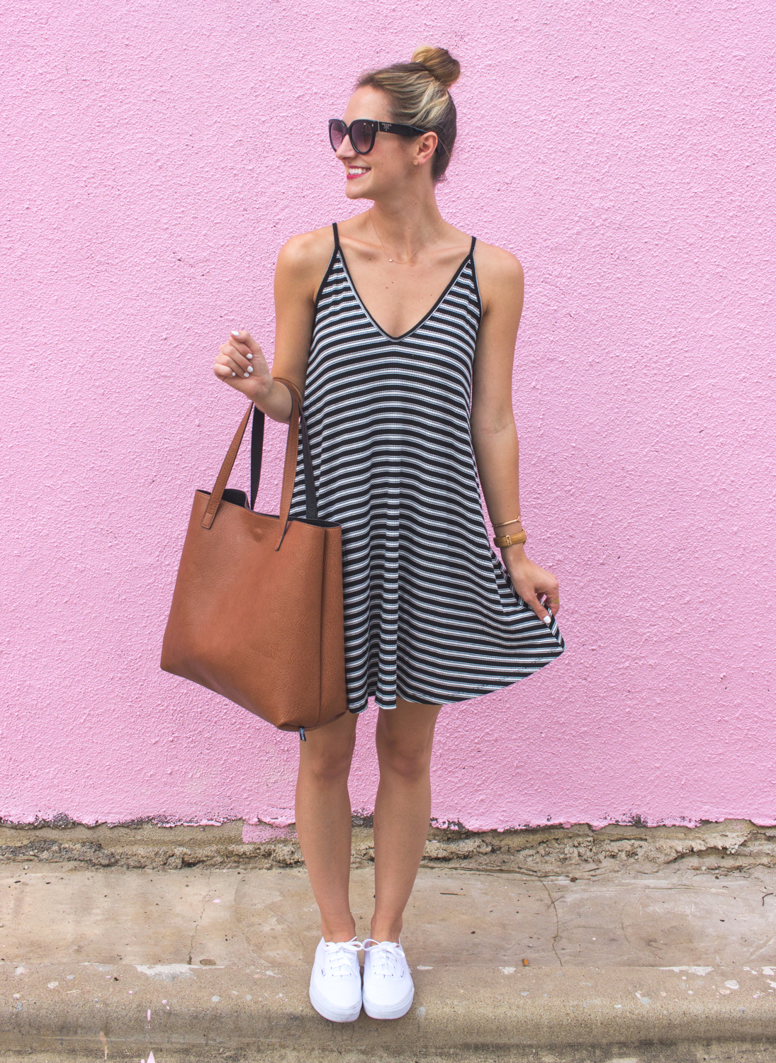 Little Striped Dress (on SALE!) // LivvyLand livvyland-blog-olivia-watson-austin-texas-fashion-blogger-pink-wall-coffee-run-summer-lace-up-back-striped-sun-dress-vans-sneakers-2