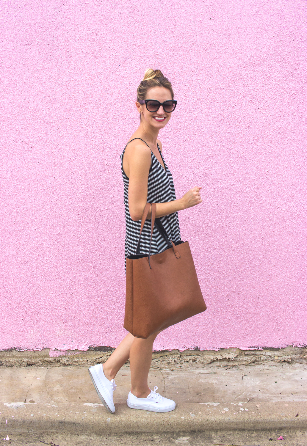 Little Striped Dress (on sale!) // LivvyLand livvyland-blog-olivia-watson-austin-texas-fashion-blogger-pink-wall-coffee-run-summer-lace-up-back-striped-sun-dress-vans-sneakers-3