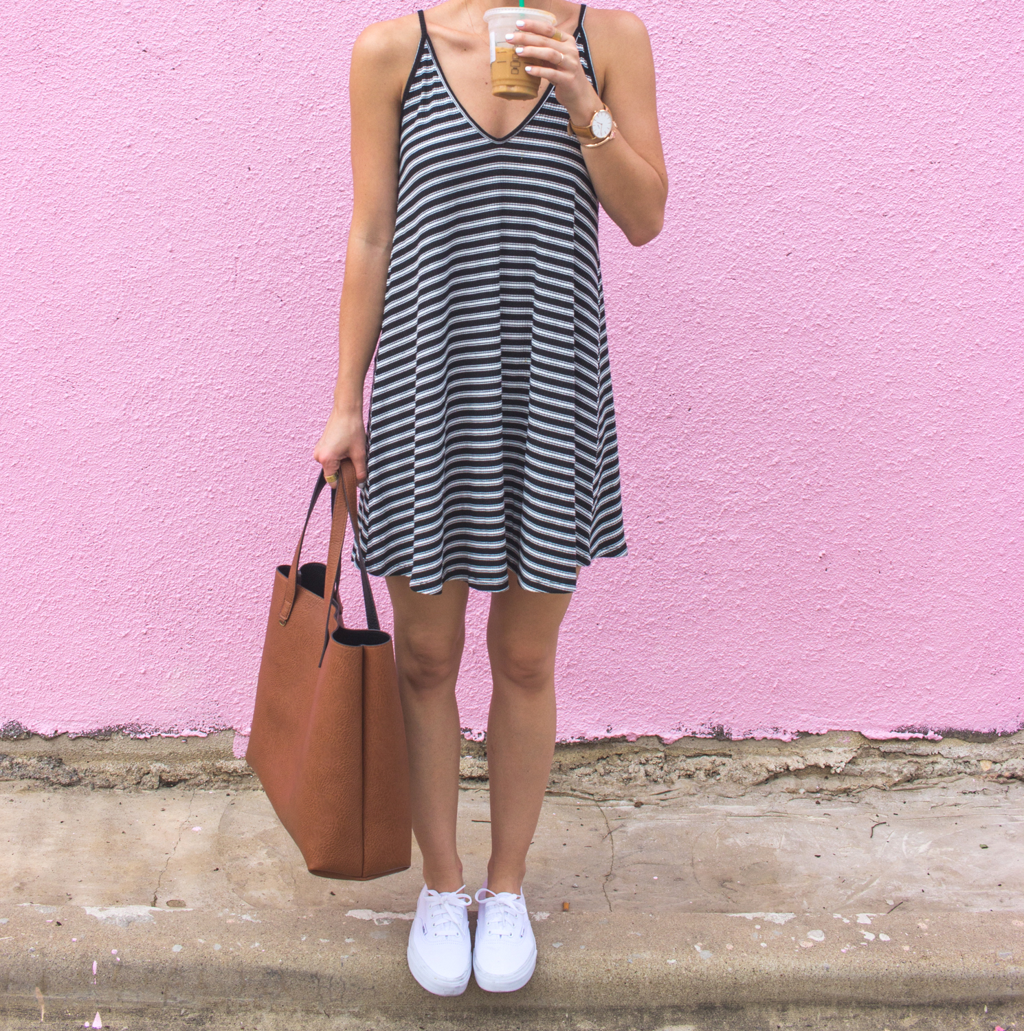 Little Striped Dress (on SALE!) // LivvyLand livvyland-blog-olivia-watson-austin-texas-fashion-blogger-pink-wall-coffee-run-summer-lace-up-back-striped-sun-dress-vans-sneakers-5