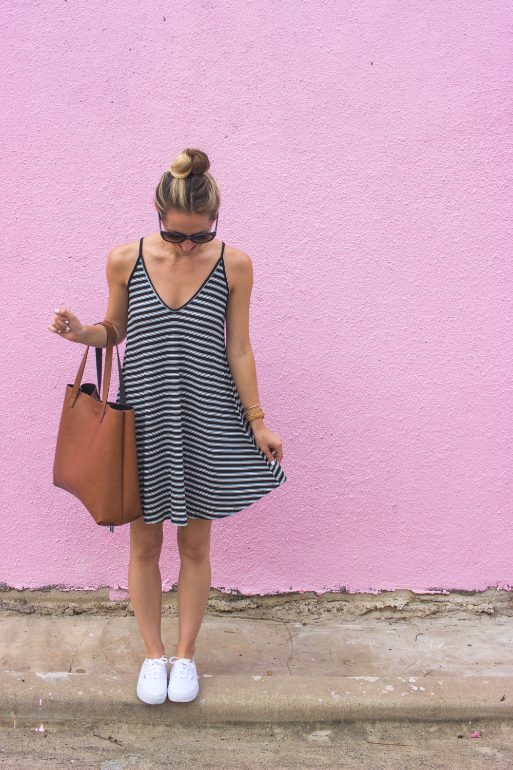 Little Striped Dress (on sale!) // LivvyLand livvyland-blog-olivia-watson-austin-texas-fashion-blogger-pink-wall-coffee-run-summer-lace-up-back-striped-sun-dress-vans-sneakers-7